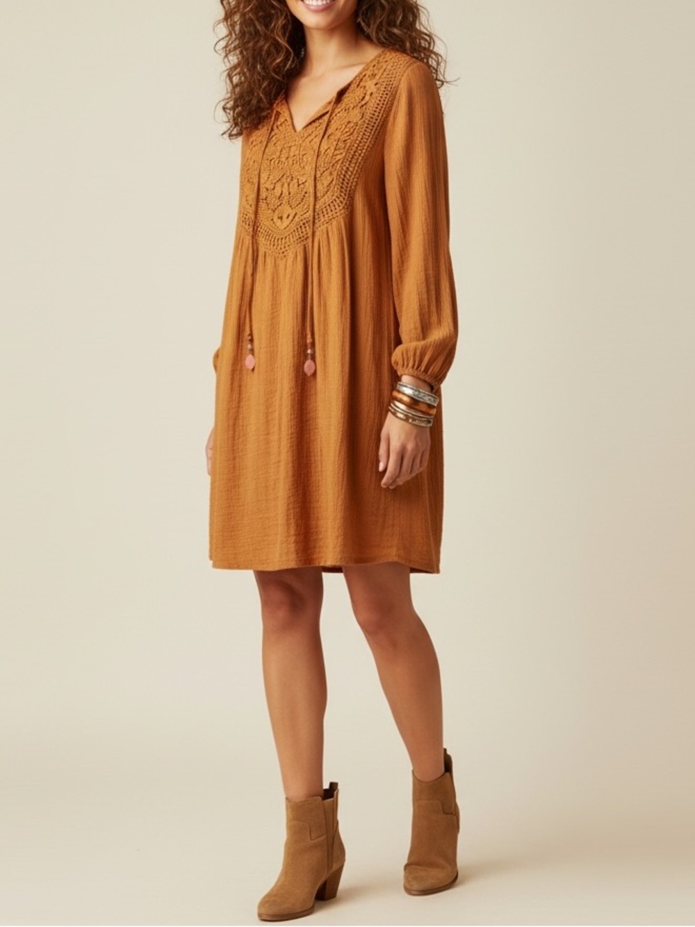 Indigo Rose Rustic Earth Tone Gauze Dress with Intricate Lace Detail | Size 1X